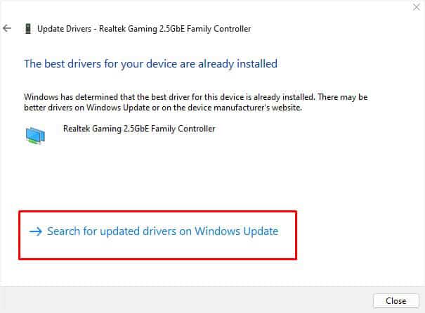 search for network drivers on windows update