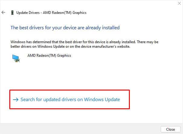 search for updated drivers on windows update