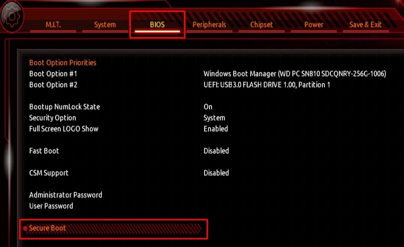 search secure boot bios