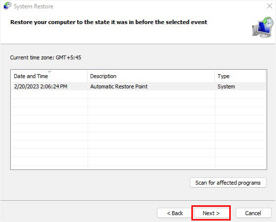 select automatic restore point and choose next