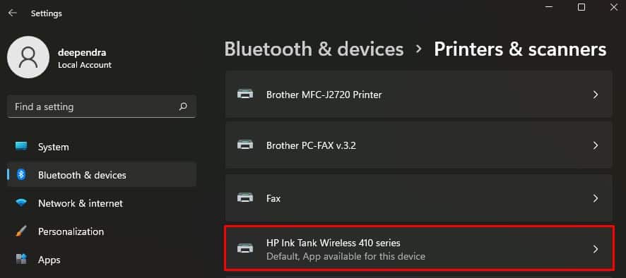 select hp printer in settings