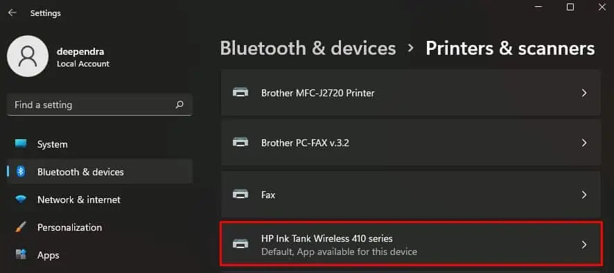 select-hp-printer-in-settings