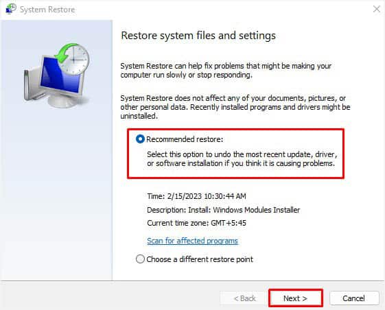 select recommended restore