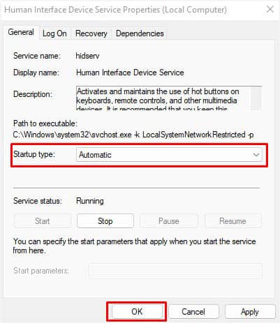 set human interface device service startup type to automatic