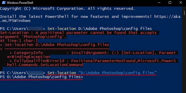 set location in powershell double quotation
