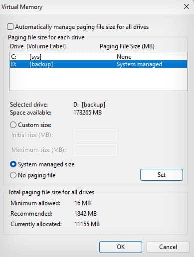 set pagefile in d drive