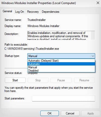 set windows modules installer service to automatic startup