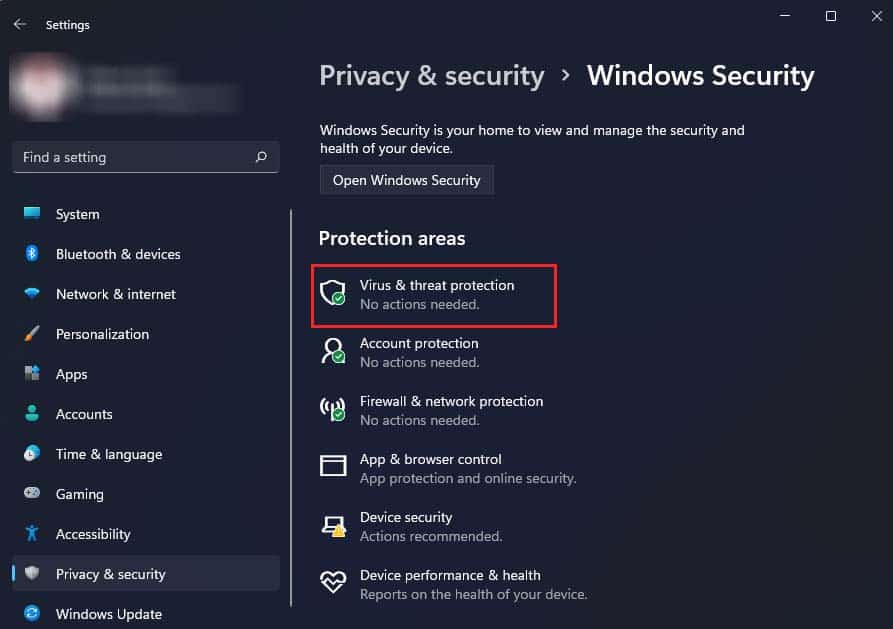 settings virus and threat protection