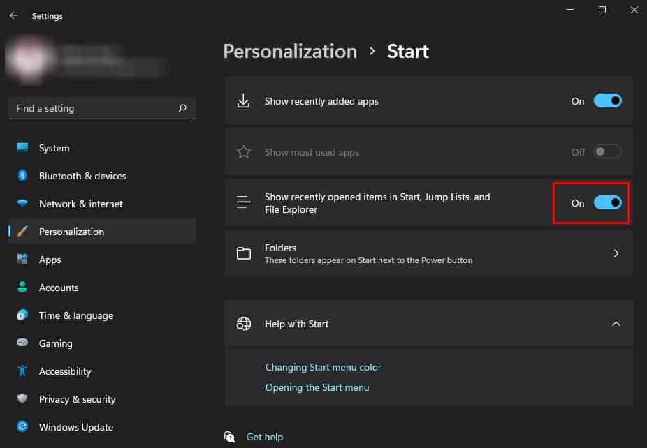 show recently opened items in start, jump lists, and file explorer