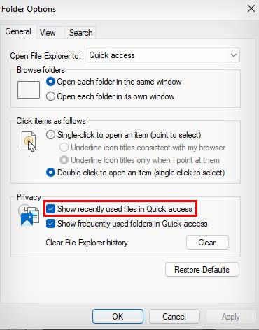 show recently used files in quick access