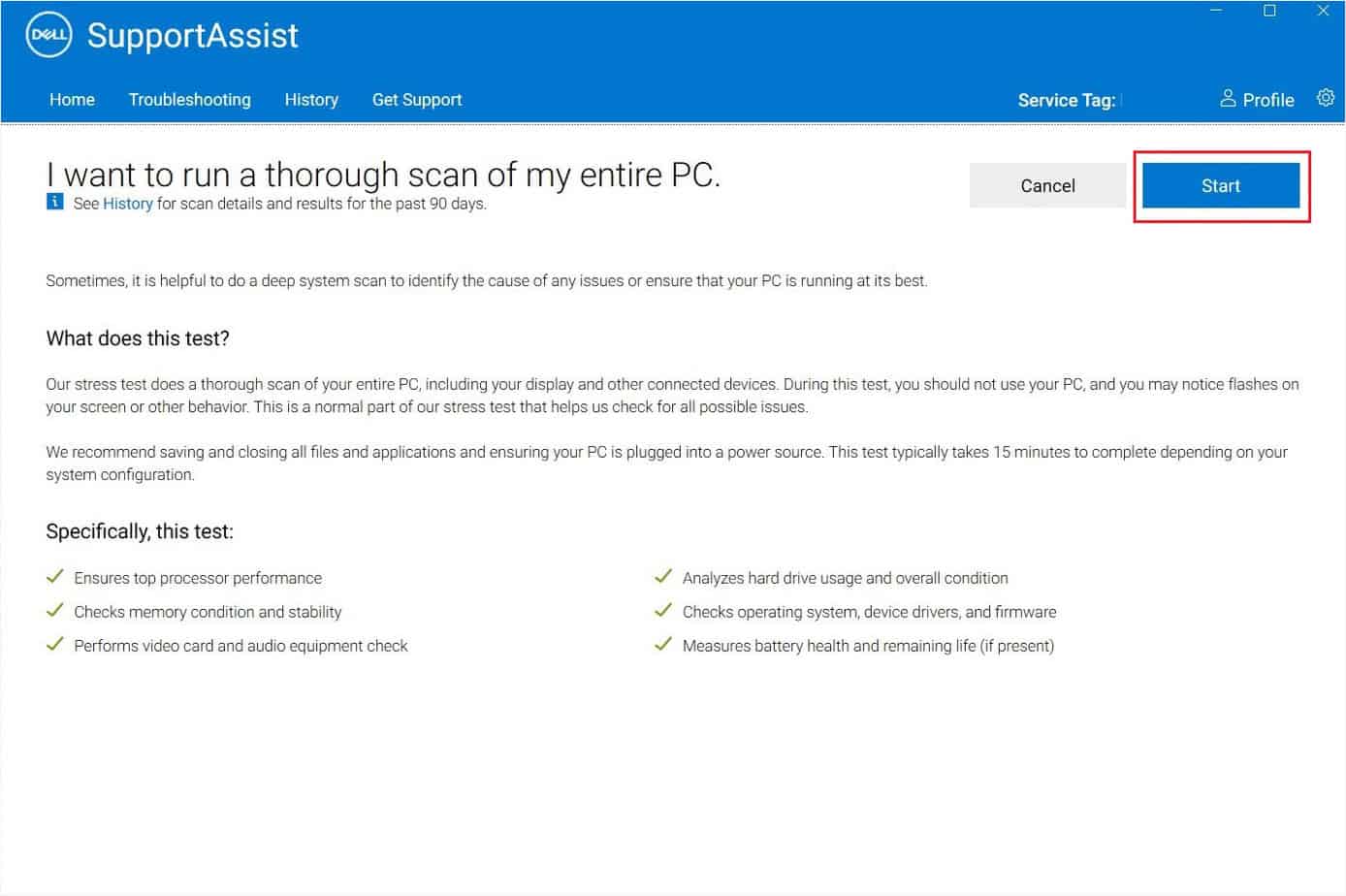 start button in dell supportassist
