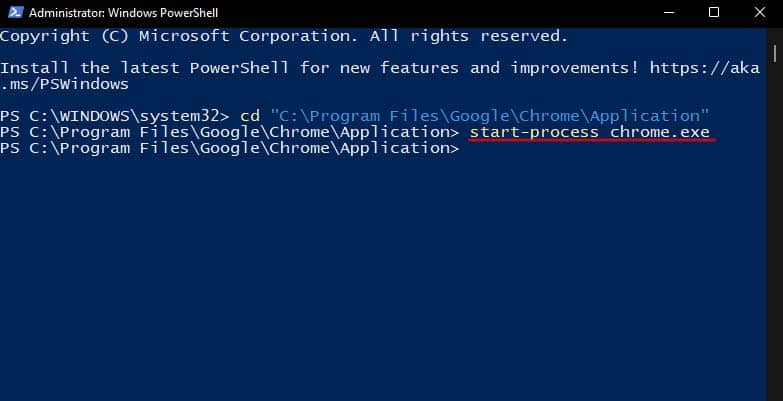 start chrome exe in powershell