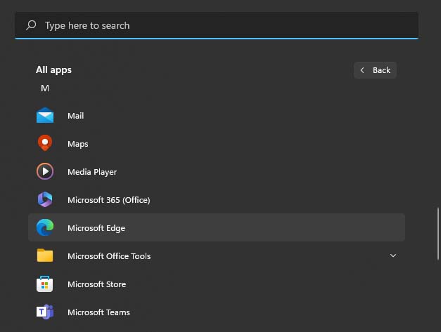 start menu all apps microsoft edge