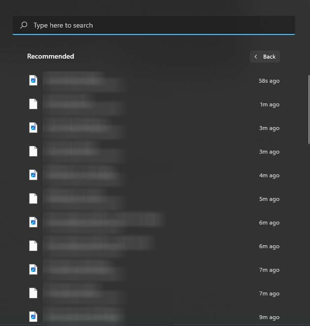 start menu recently opened files