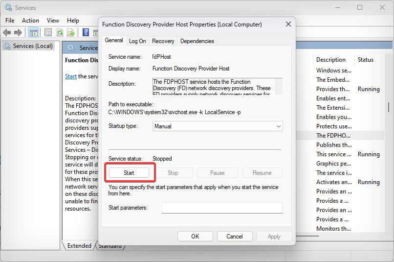 start the function discovery provider host service