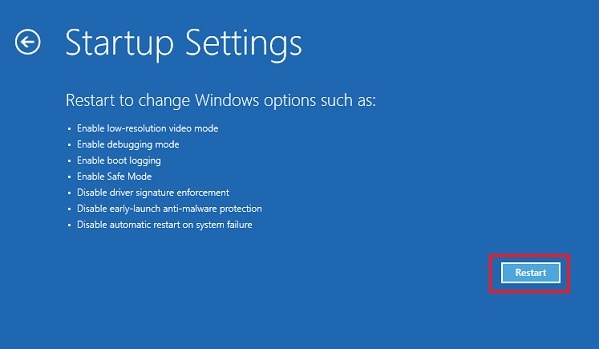 startup settings restart button in windows re