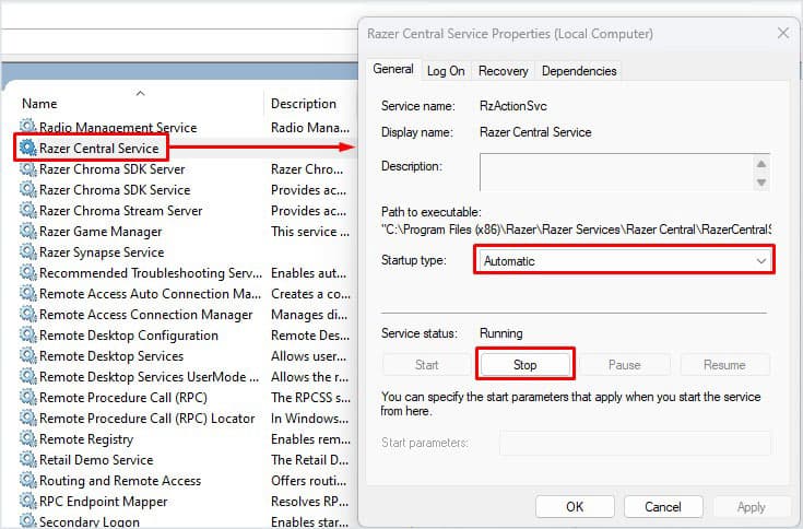 stop razer central service not working