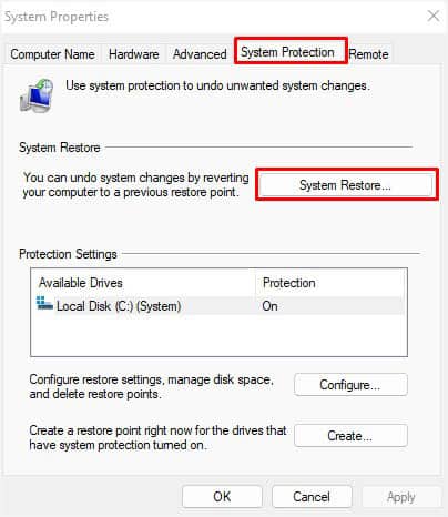 system restore in system properties