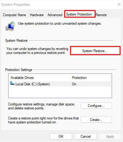 system restore in system properties