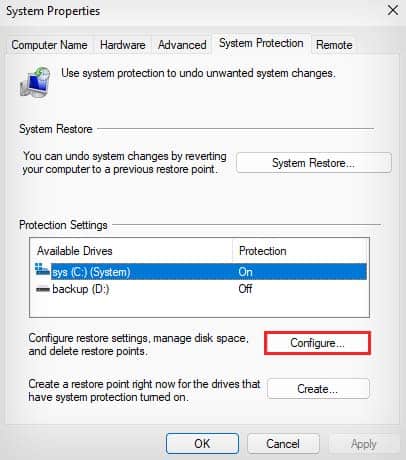 systempropertiesprotection configure