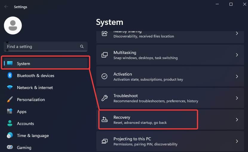 system settings for recovery