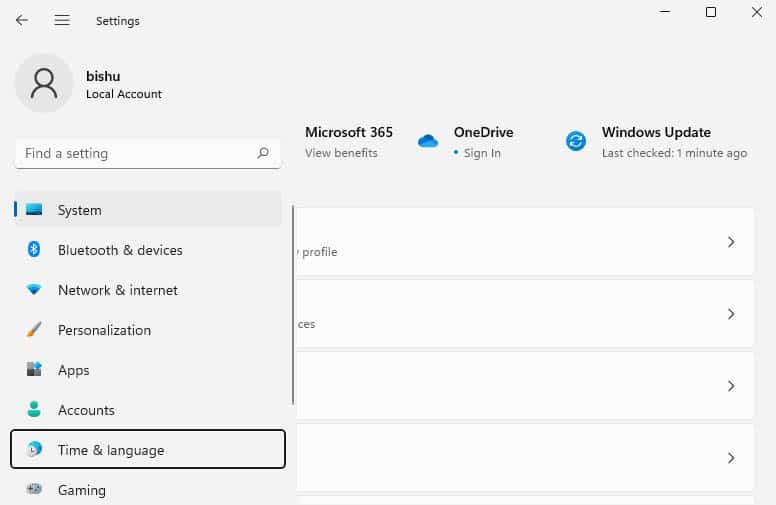 time and language in settings