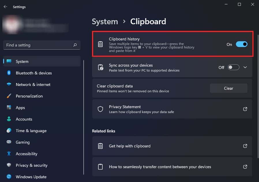 toggle on clipboard history