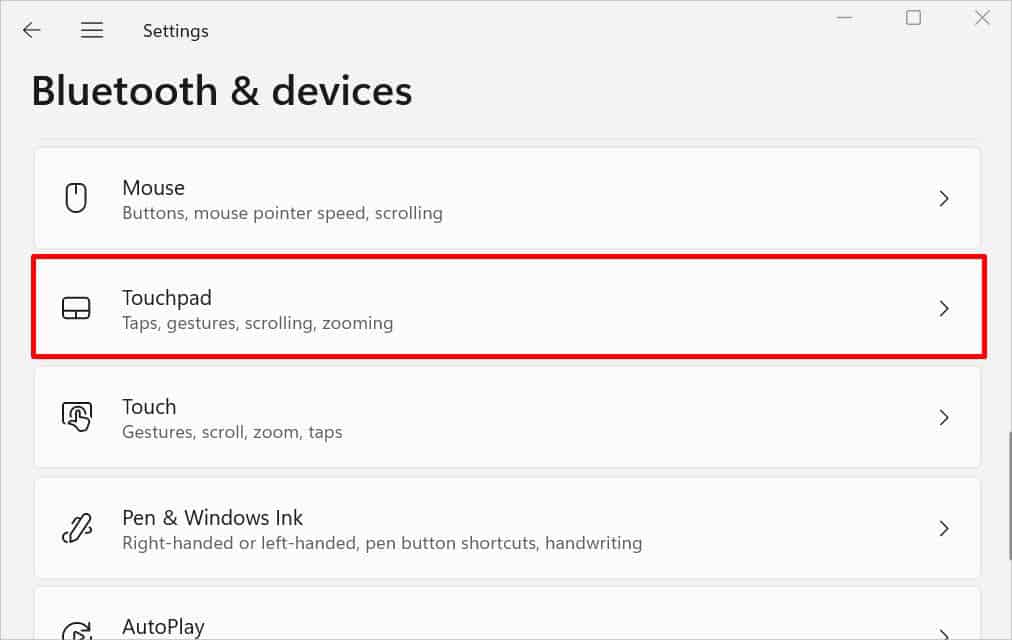 touchpad in setting