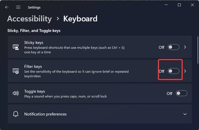 turn off filter keys