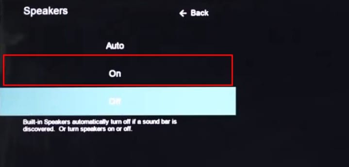 turn on built in speakers of vizio tv