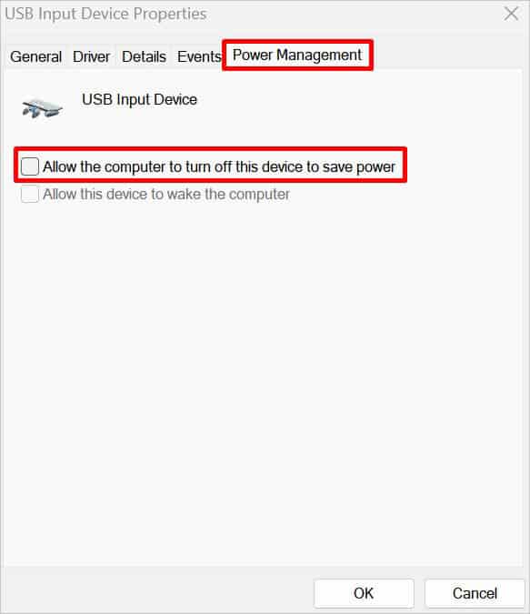 uncheck allow the computer to turn off this device to save power