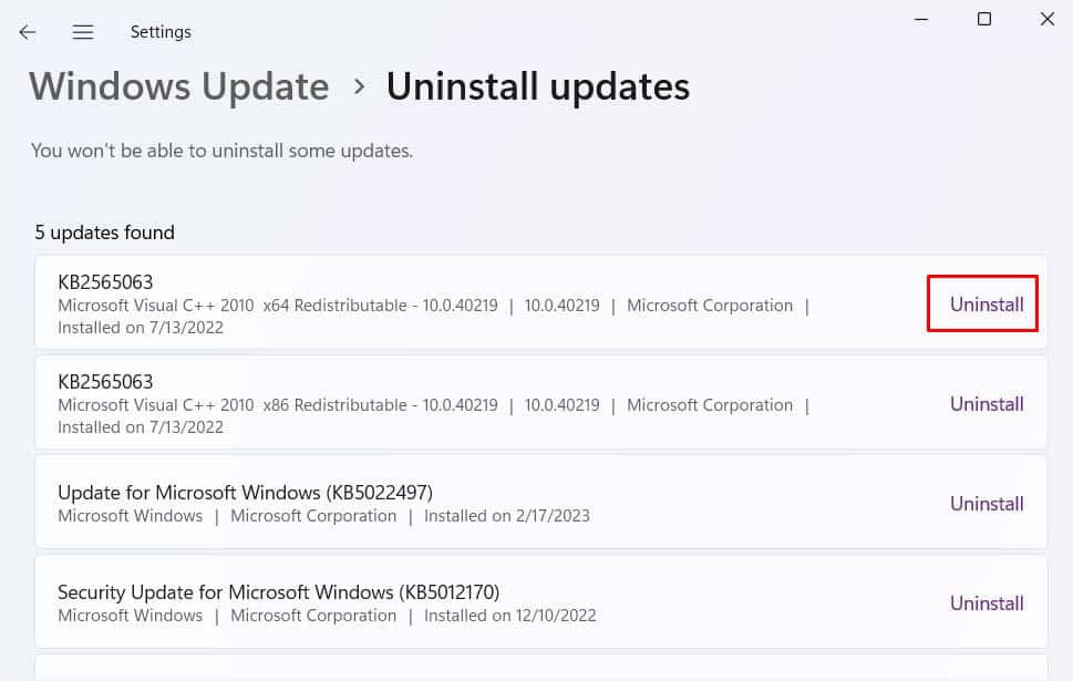 uninstall button in windows update