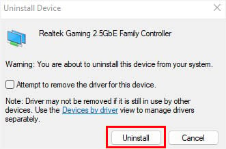 uninstall button remove network adpater drivers