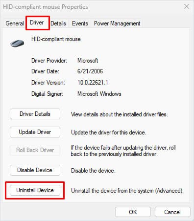 uninstall device logitech mouse not working