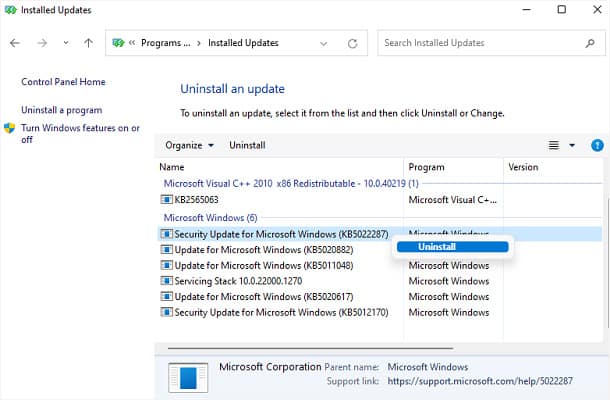 uninstall latest update