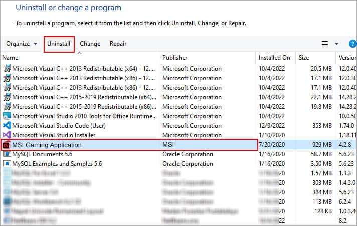 uninstall msi gaming application