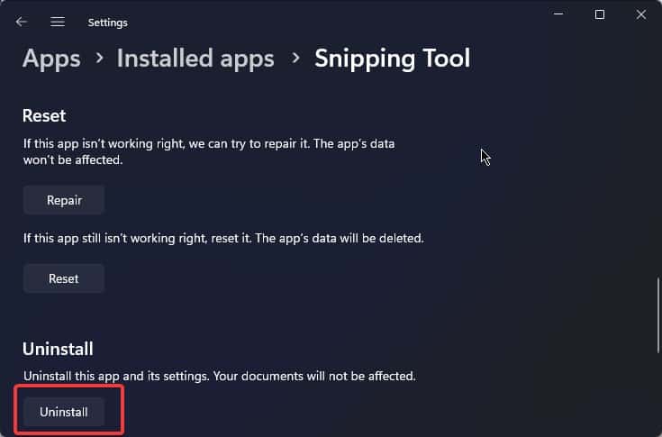uninstall snip[ping tool