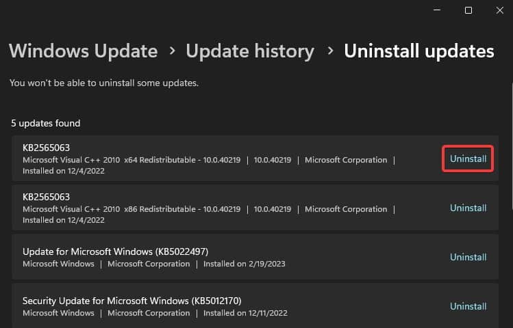 uninstall windows update