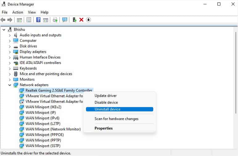 uninstall your network adapter device