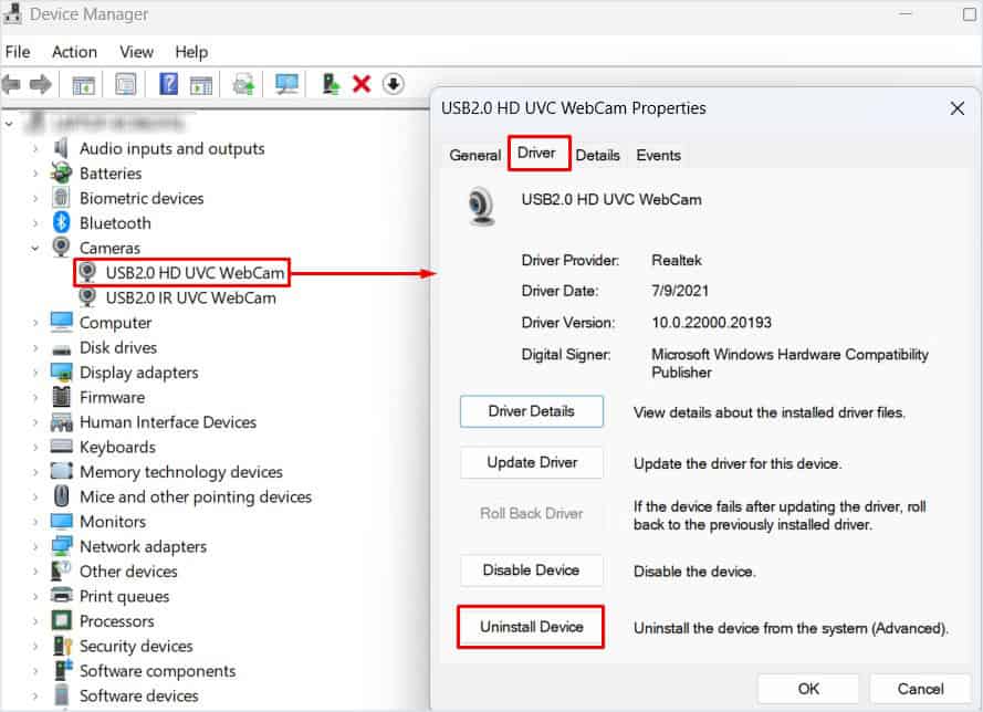 uninstalll camera driver surface camera not working
