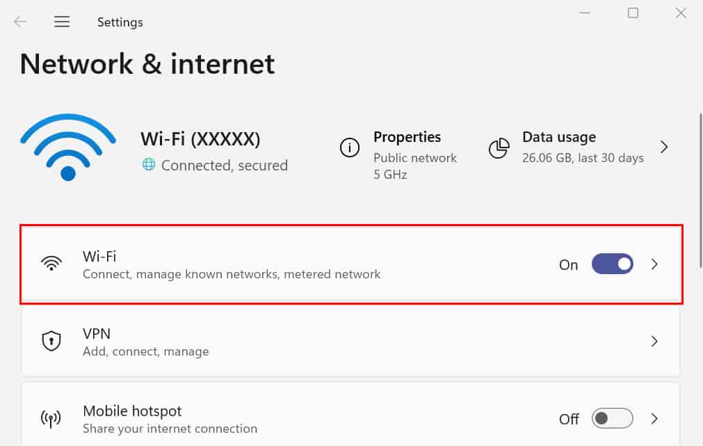 wifi in settings