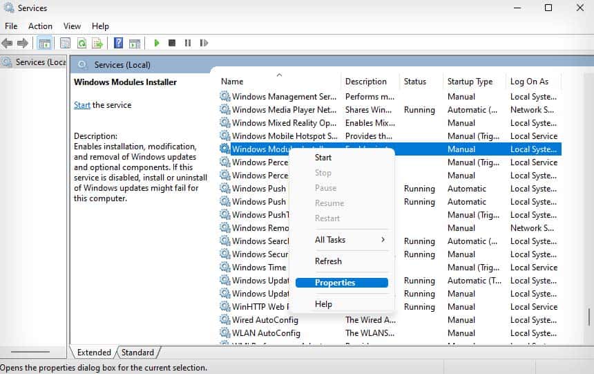 windows modules installer service properties