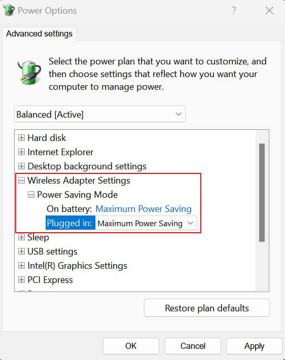 wireless adapter settings to maximum power savings