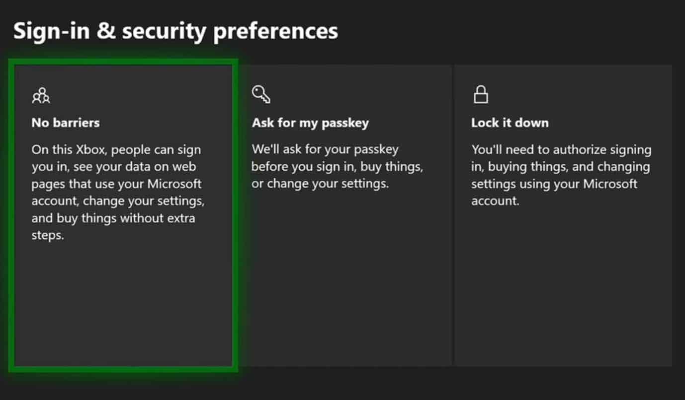 xbox sign in and security prefrences