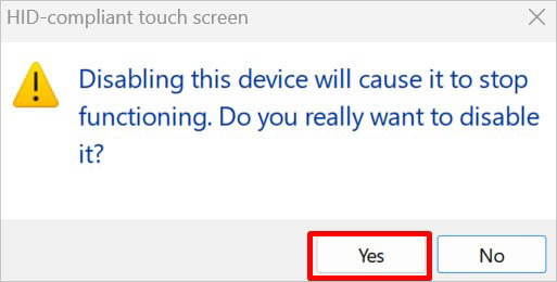 yes to disable hid compliant touch screen