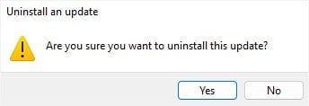 yes to uninstall windows update