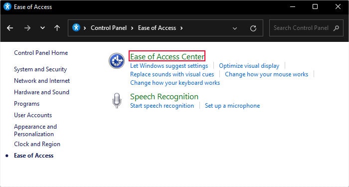 Ease-of-access-center-control-panel