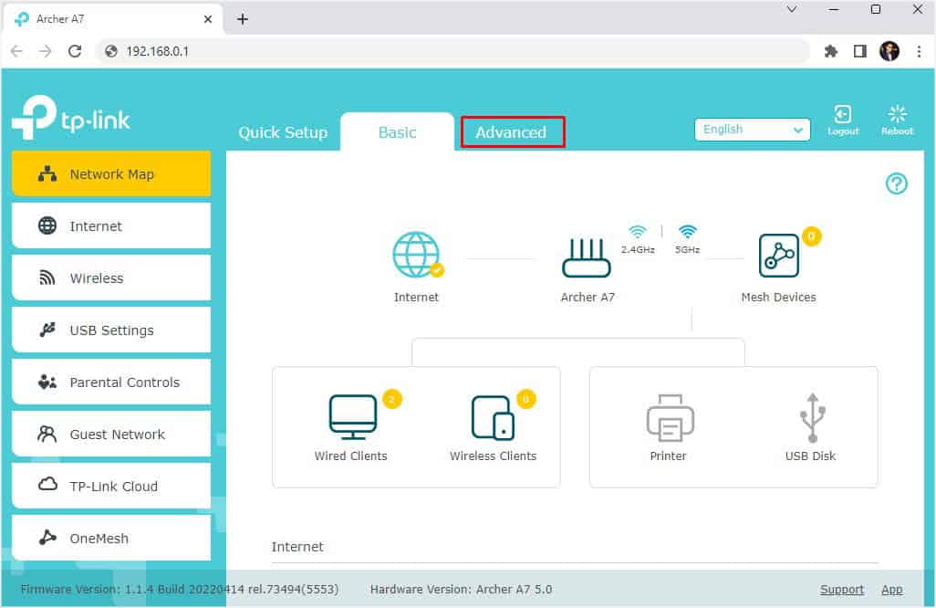 advanced option in router configuration page