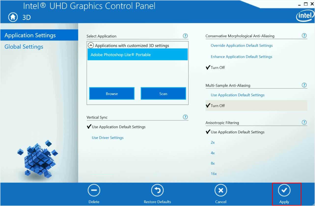 apply button 3d settings intel