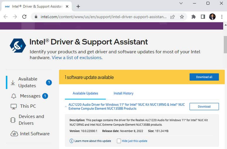 audio driver download in intel driver and support assistant